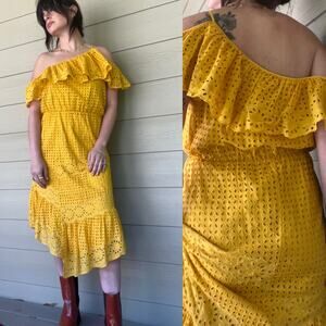 JOIE Sunshine Yellow Corynn Eyelet Off Shoulder Asymmetrical Midi Dress Small
